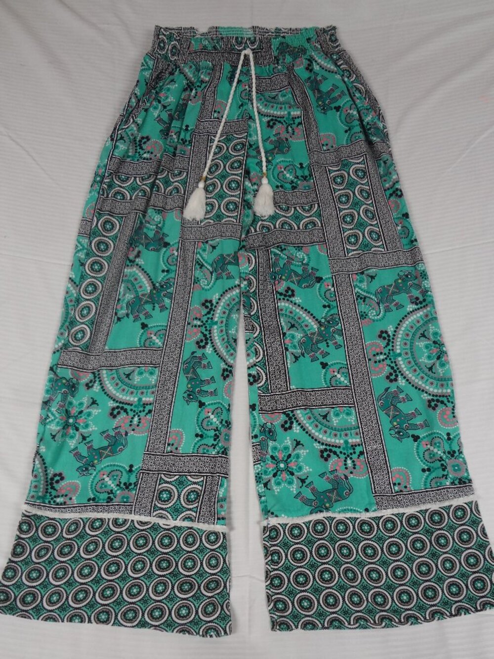 BOLLYDOLL GREEN BOHO ELEPHANT WIDE LEG PALAZZO MEDIUM WOMENS PANTS L927